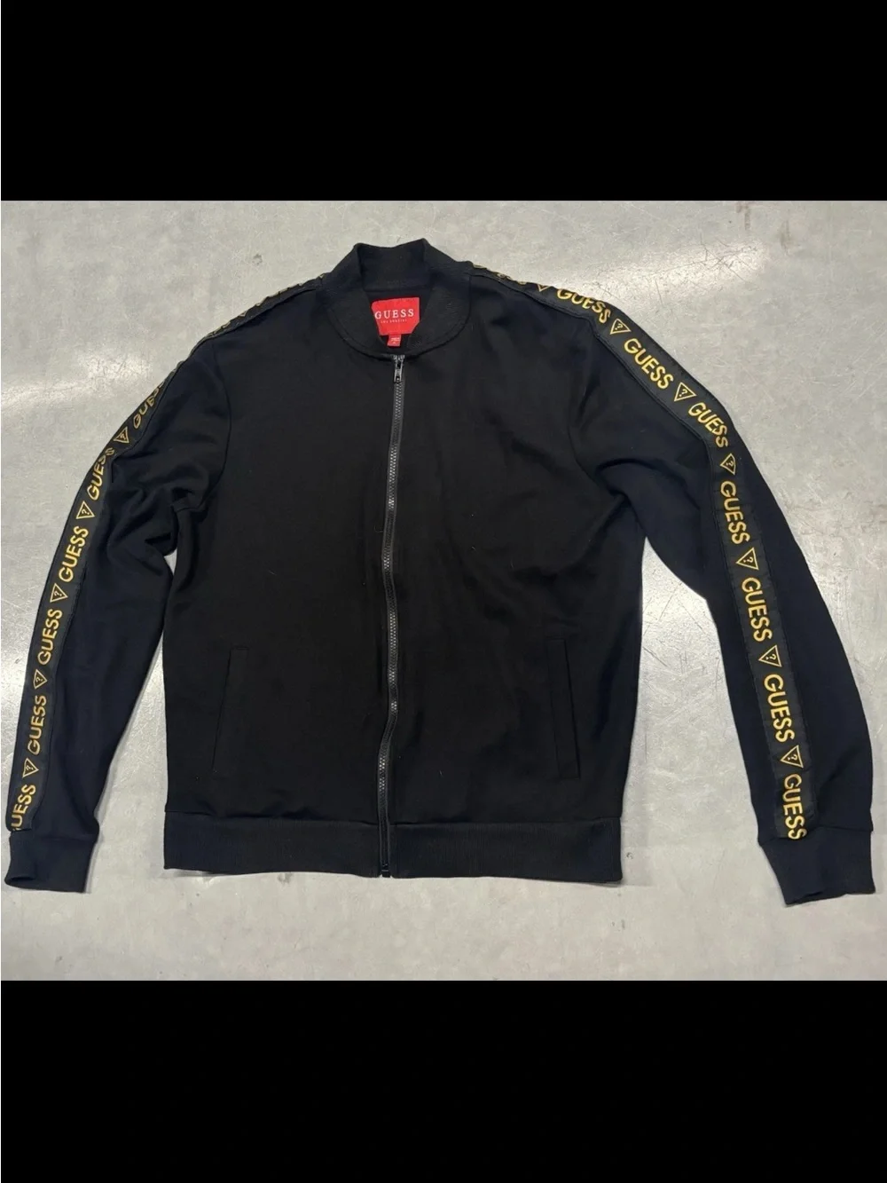 Guess Los Angeles Y2K Track Jacket Mens M Black Full Zip Gold Logo Sleeve Tape